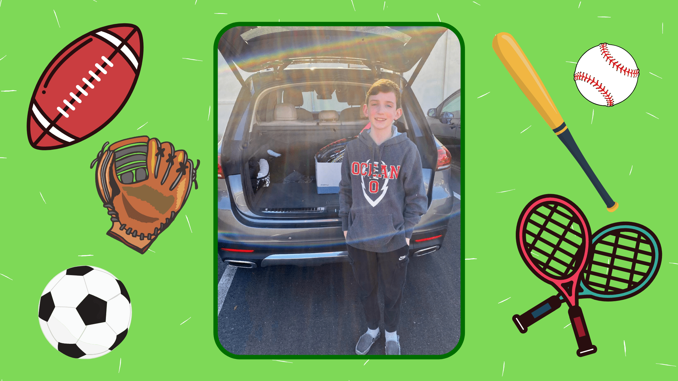 12-year-old Todd organizing his sporting goods drive