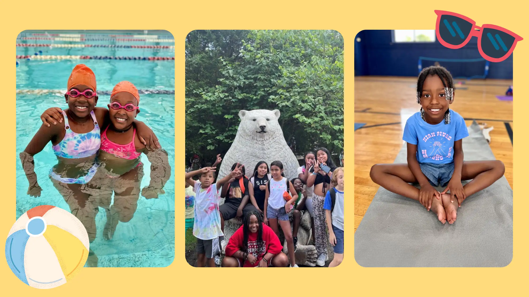 Photos of summer camp at the pool, zoo, and gym